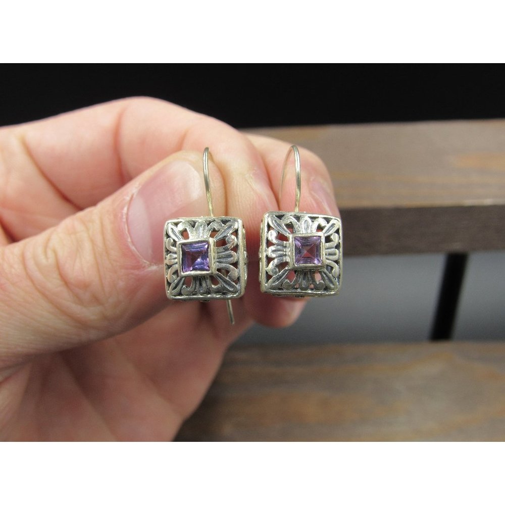 Sterling Silver Fancy Square Purple Amethyst Gemstone Earrings